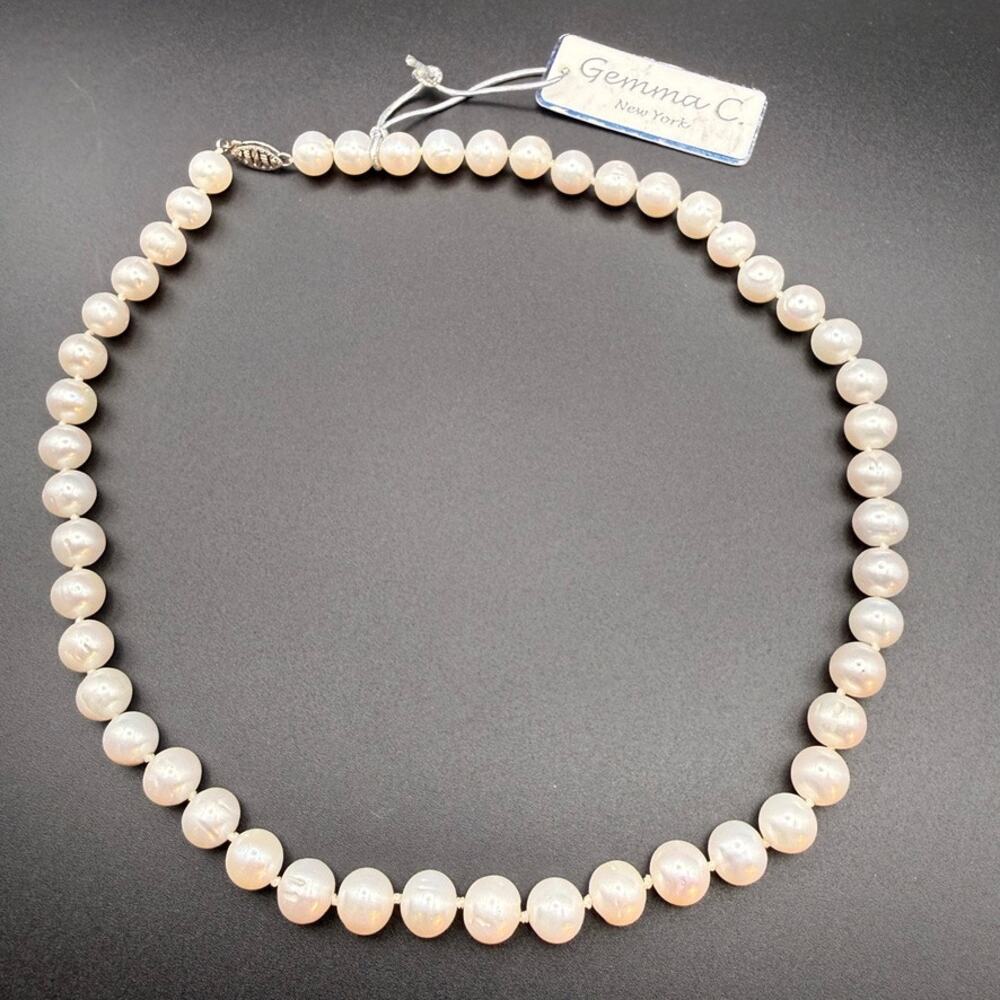 Gemma C. New York White Pearl Necklace Knotted Sterling 925 Signed LUC 17.5"